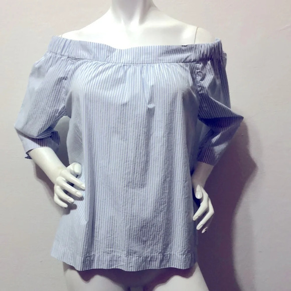 Madewell White & Blue Striped Clean 3/4 Sleeves Off The Shoulder Top Size Medium - Picture 4 of 8